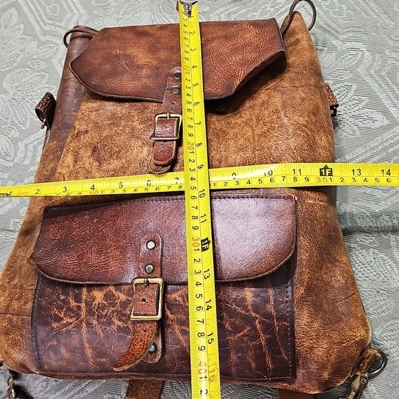Vintage 1970s Leather Flap Closure Drawstring BackpackDay Backpack Carry On